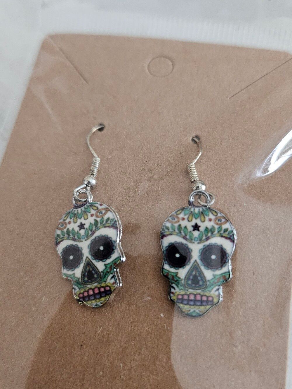 Day of the Dead Sugar Skull Dangle Earrings - Green Accents - Picture 4 of 5